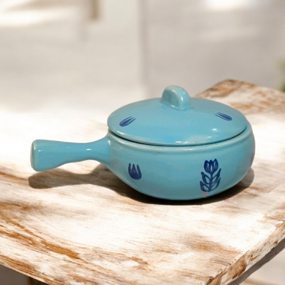 Vintage 1958-1961 Cameron Clay "Blue Tulip" Teal Mini Skillet w/ Lid